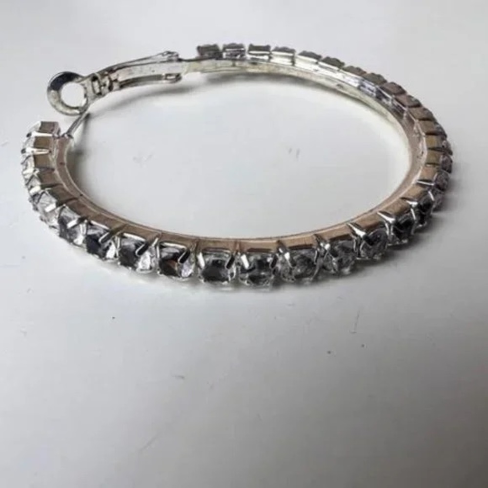 Small Silver Rhinestone Hoop Earrings - Picture 3 of 5